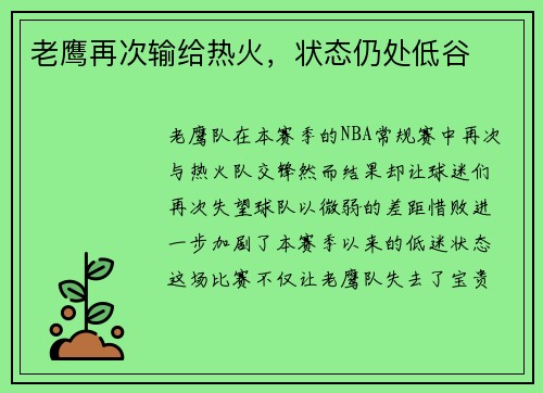 老鹰再次输给热火，状态仍处低谷