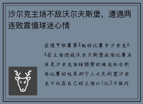 沙尔克主场不敌沃尔夫斯堡，遭遇两连败震慑球迷心情